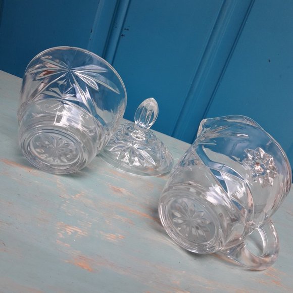 Glass Cream and Sugar with Lid Measuring Cup Vintage Starburst Design - Picture 2 of 7